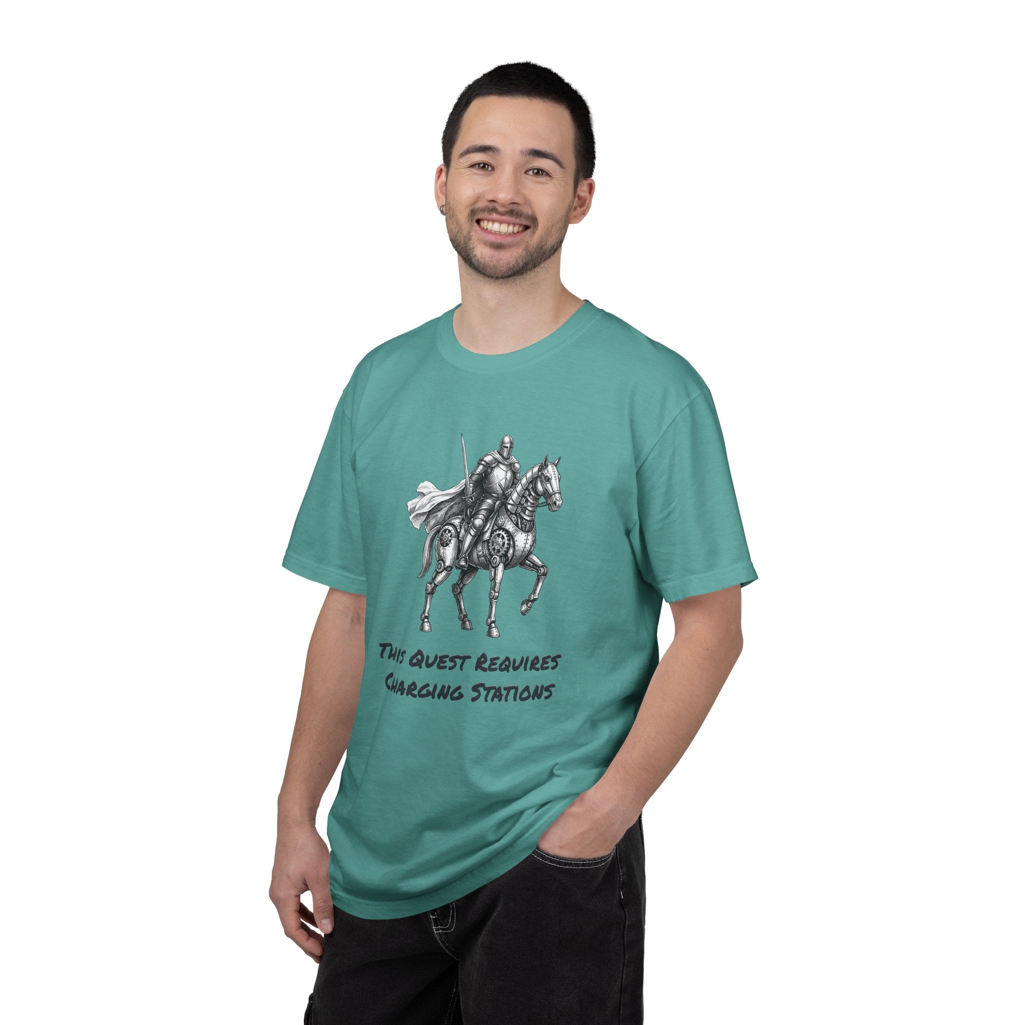 Knight & Robot Steed T-Shirt — This Quest Requires Charging Stations