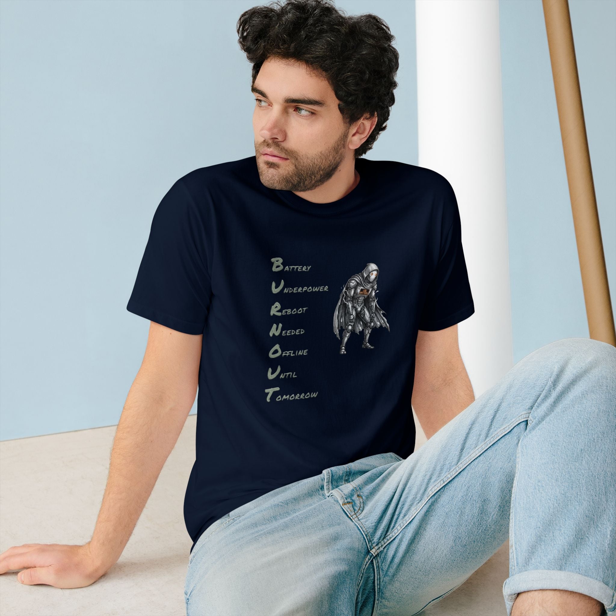 Organic Cotton Burnout Robot T-Shirt — Low Battery Office Tee