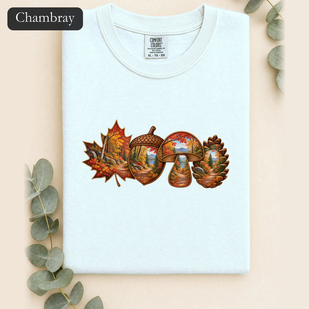 Autumn Lake Scene on Maple Leaves Shirt | Fall Landscape Tee