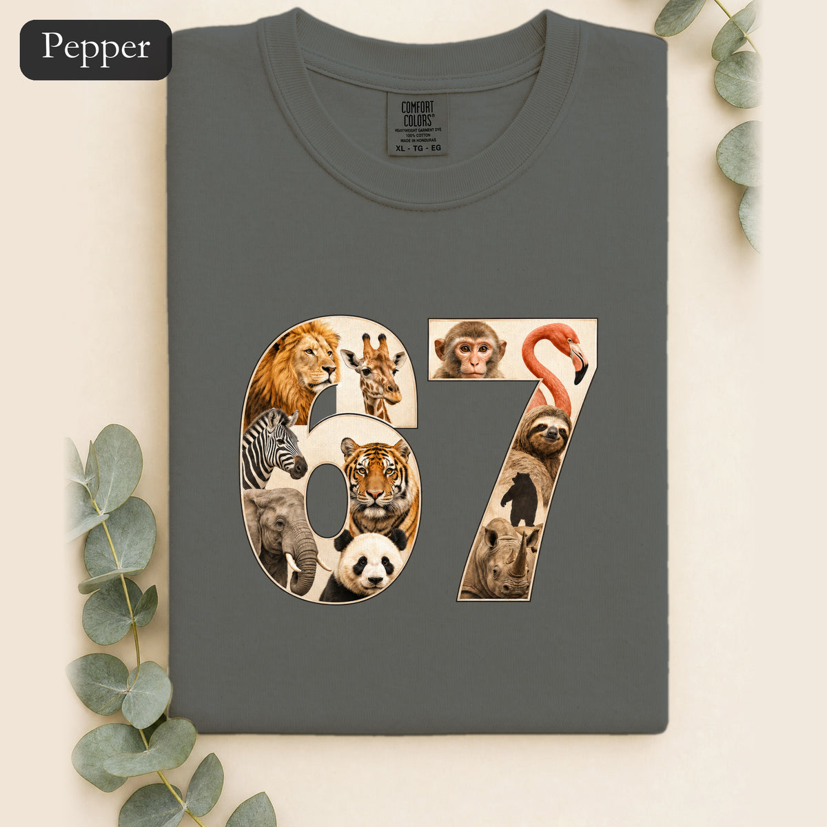 67 Zoo Animals Shirt, Funny 67 Meme Tee, Trendy Animal Number Gift, Giraffe Elephant Lion Sweatshirt