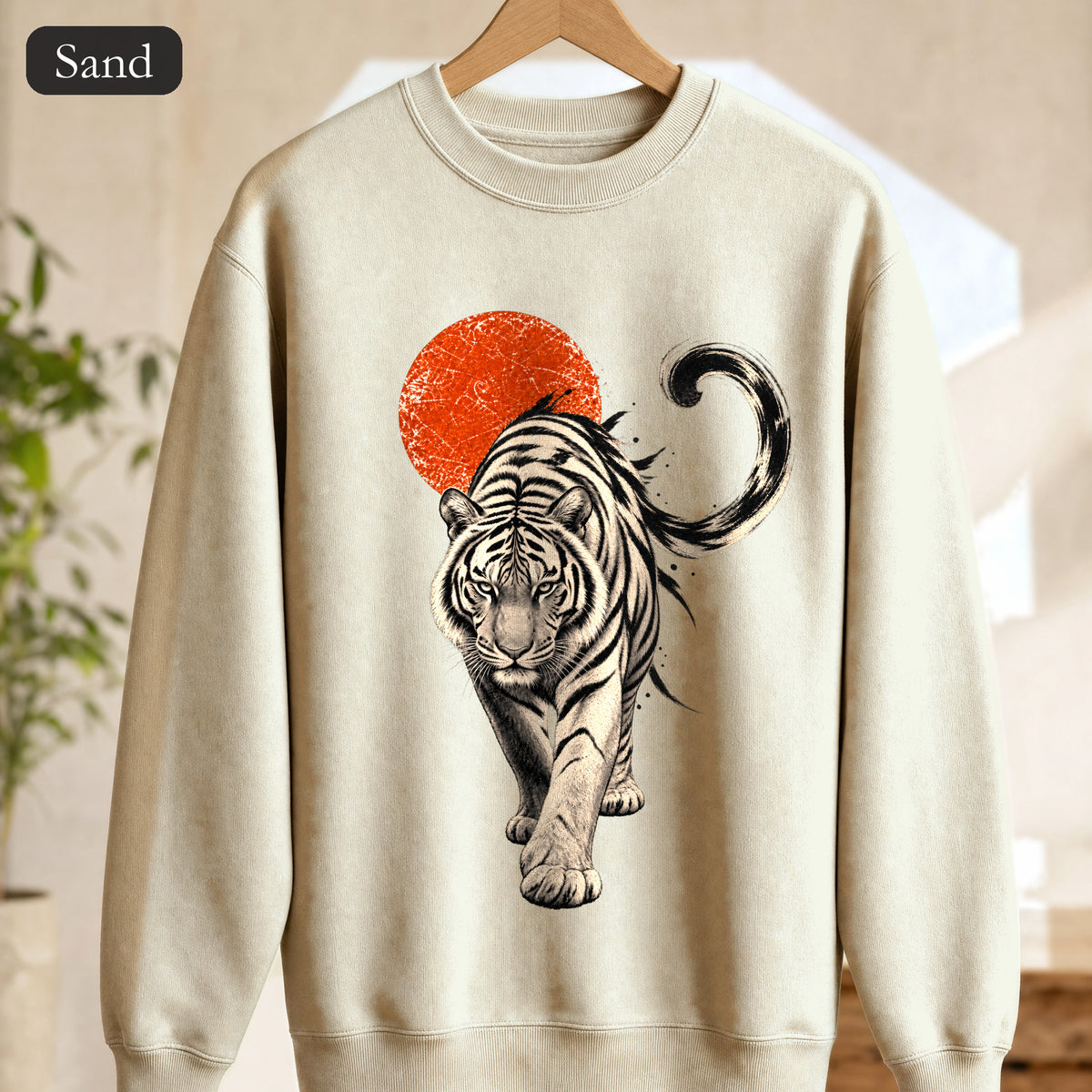 White Tiger with Red Sun Sweatshirt, Japanese Woodblock Tiger Crewneck, Red Sun Graphic Gift, Asian Art Sweatshirt