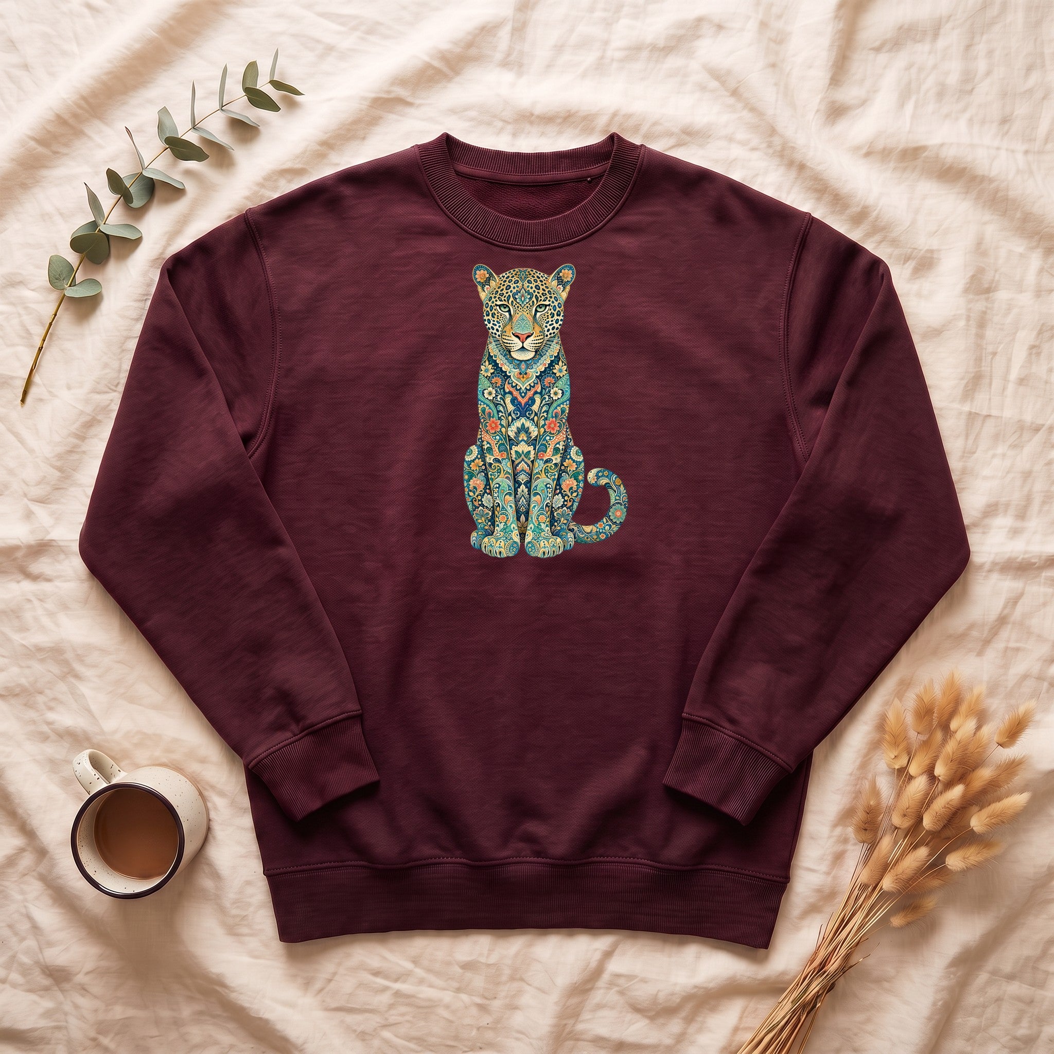 Boho Leopard Shirt, Folk Art Leopard Tee, Japanese Pattern Big Cat Lover Gift, Vintage Floral Leopard Sweatshirt