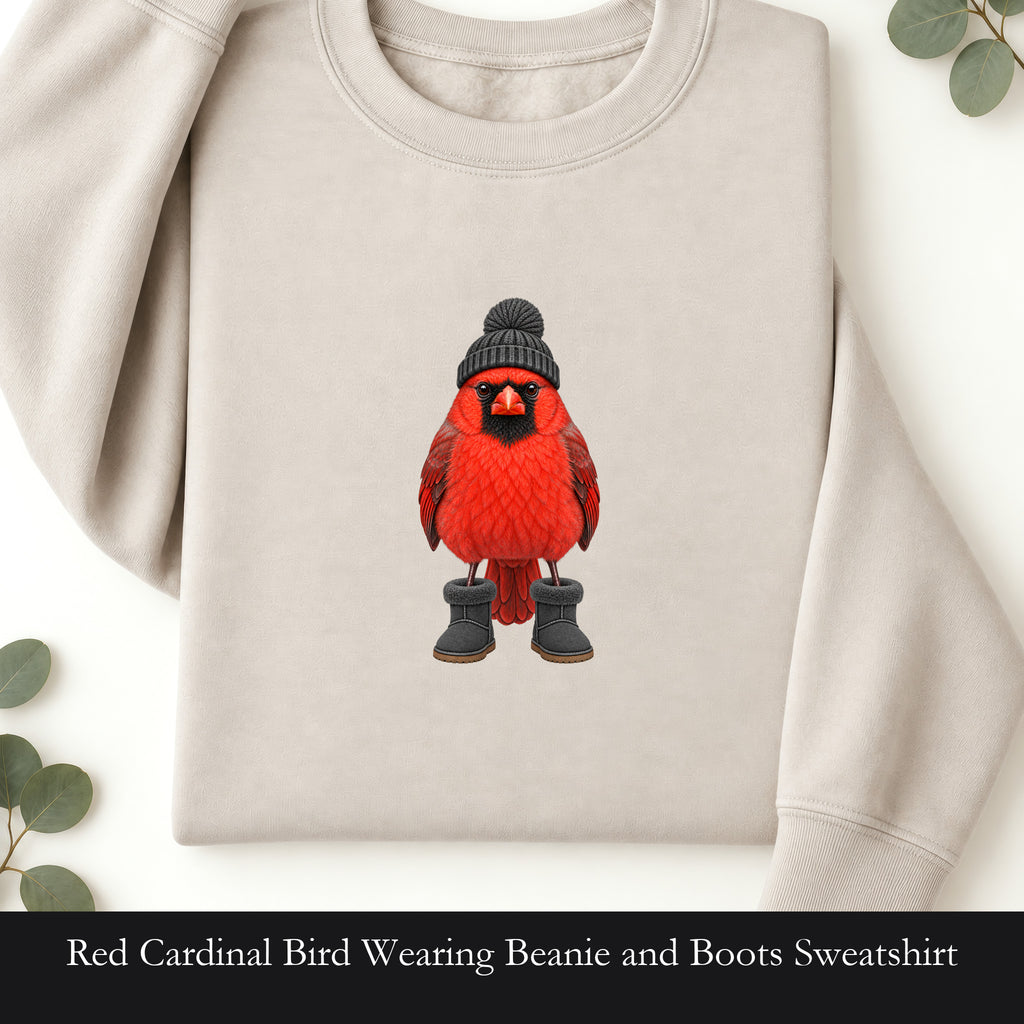Red Cardinal Bird Wearing Beanie and Boots Sweatshirt | Winter Bird Crewneck