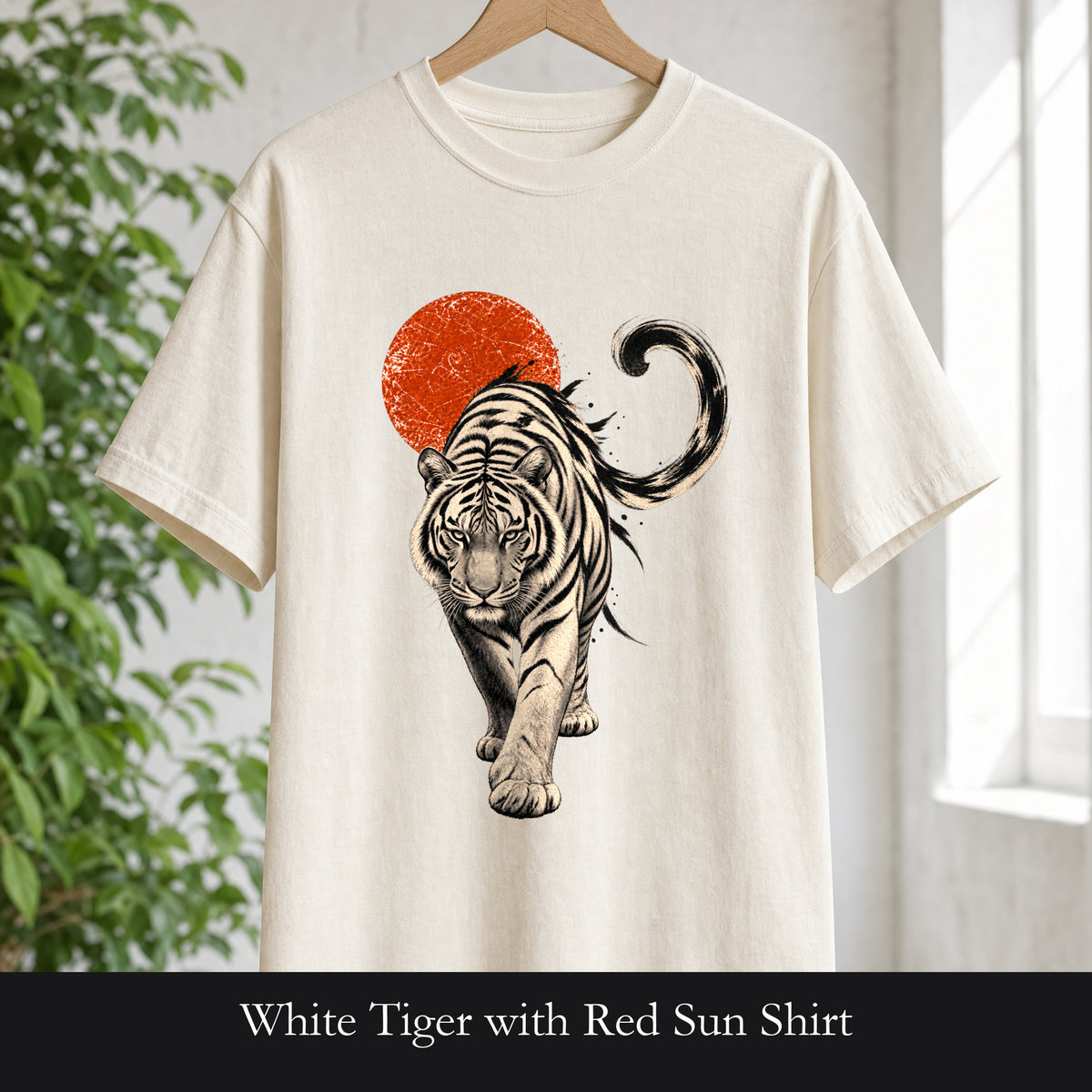 White Tiger with Red Sun Shirt, Japanese Woodblock Tiger Tee, Red Sun Graphic Gift, Asian Art T-Shirt