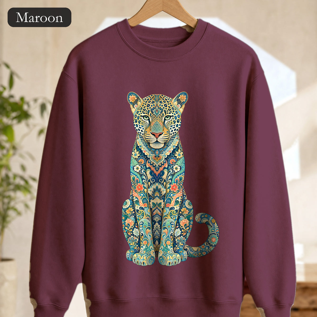 Boho Leopard Shirt, Folk Art Leopard Tee, Japanese Pattern Big Cat Lover Gift, Vintage Floral Leopard Sweatshirt