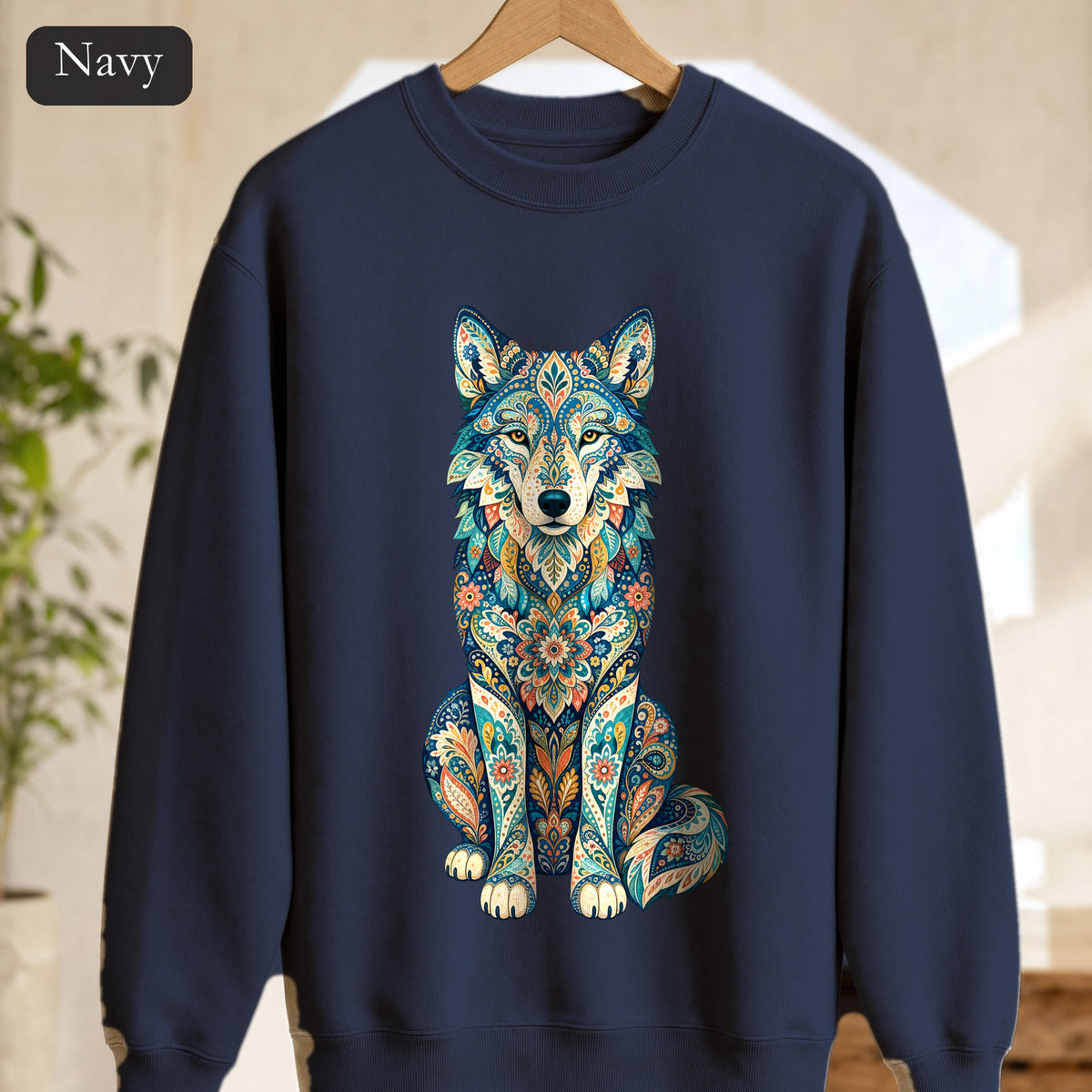 Boho Wolf Shirt, Folk Art Wolf Tee, Japanese Pattern Wolf Lover Gift, Vintage Floral Wolf Sweatshirt