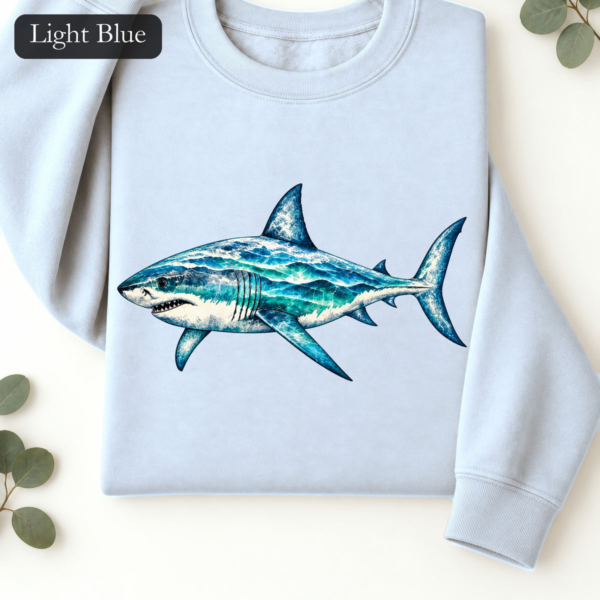 Blue Watercolor Shark Crewneck Sweatshirt | Ocean Fish Illustration