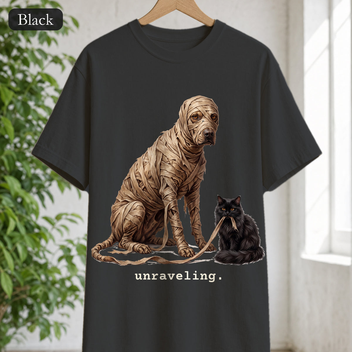 Unraveling Mummy & Cat Shirt, Funny Halloween Mummy Tee, Cozy Deadpan Spooky Tee, Black Cat Lover Gift