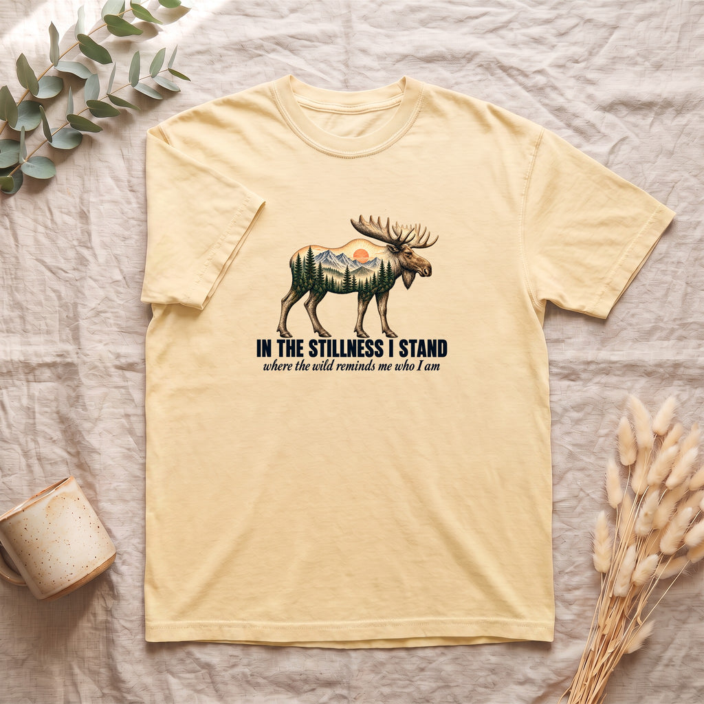 In the Stillness I Stand Shirt, Moose Double Exposure Tee, Mountain Wilderness Camping Gift, Woodland Nature Sweatshirt