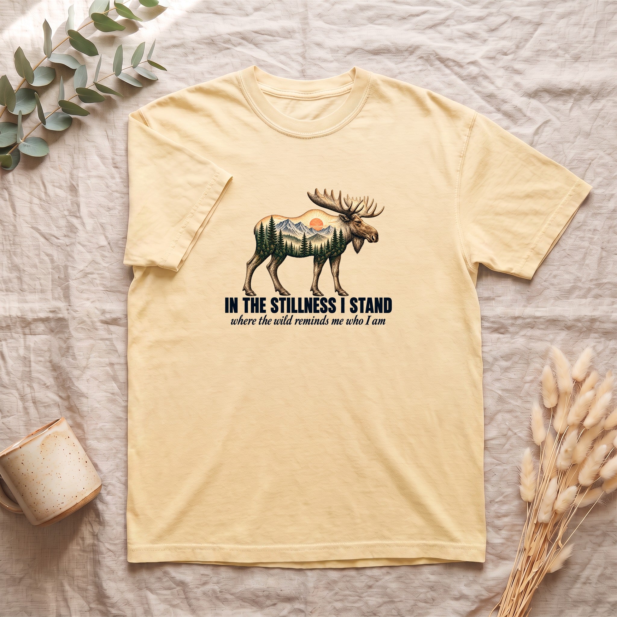 In the Stillness I Stand Shirt, Moose Double Exposure Tee, Mountain Wilderness Camping Gift, Woodland Nature Sweatshirt