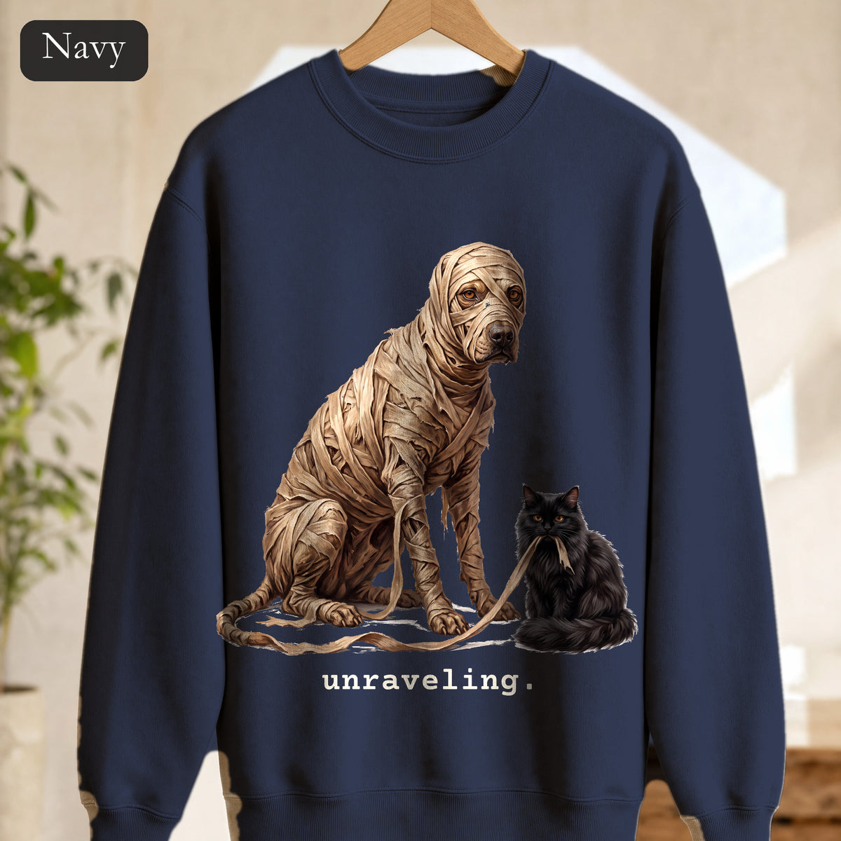 Unraveling Mummy & Cat Sweatshirt, Funny Halloween Mummy Crewneck, Cozy Deadpan Spooky Sweatshirt, Black Cat Lover Gift