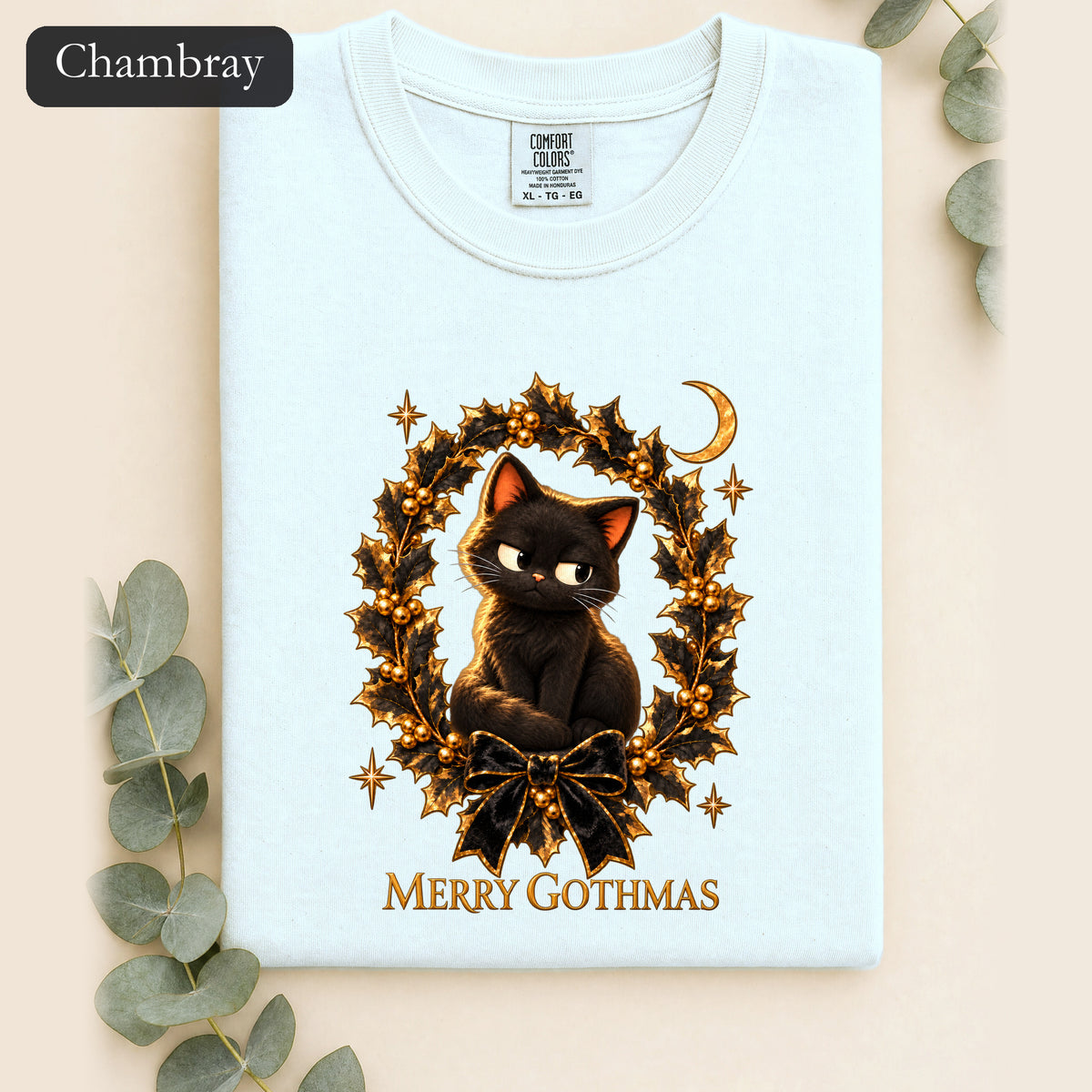 Merry Gothmas Black Cat Shirt | Gothic Christmas Holly Wreath and Crescent Moon Tee, Spooky Cat Lover Holiday Gift