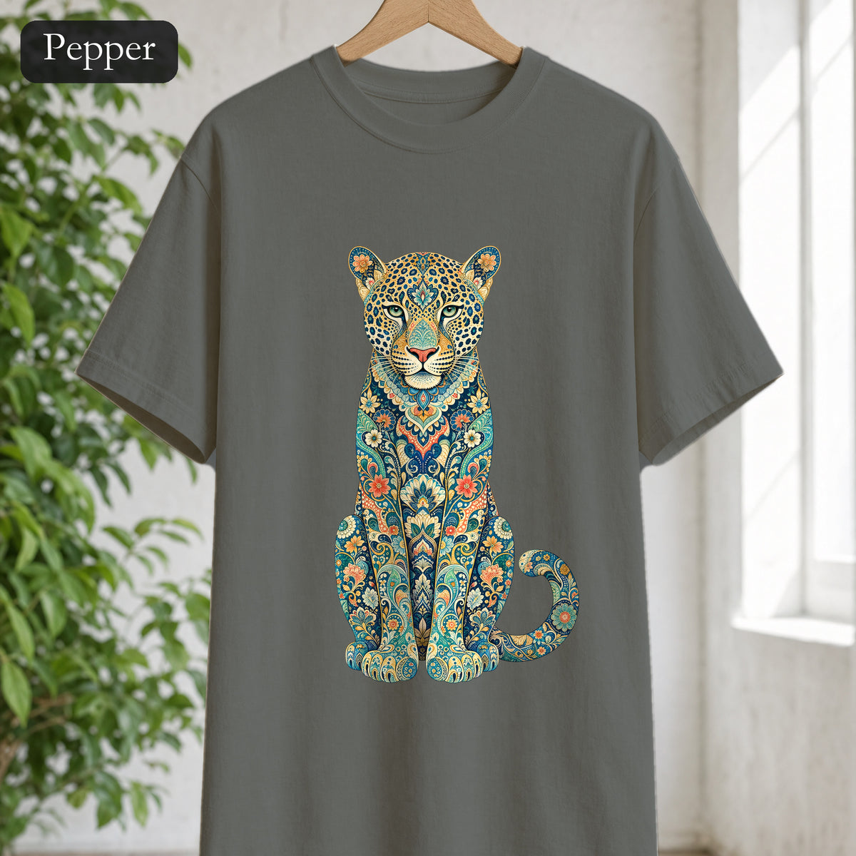 Boho Leopard Shirt, Folk Art Leopard Tee, Japanese Pattern Big Cat Lover Gift, Vintage Floral Leopard Sweatshirt