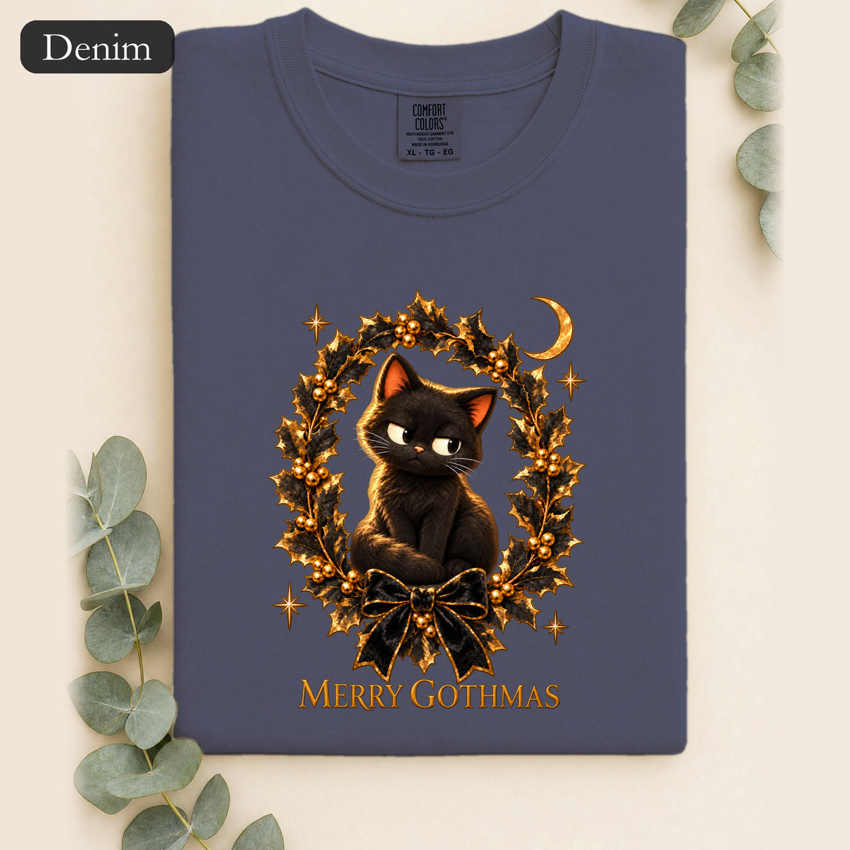 Merry Gothmas Black Cat Shirt | Gothic Christmas Holly Wreath and Crescent Moon Tee, Spooky Cat Lover Holiday Gift