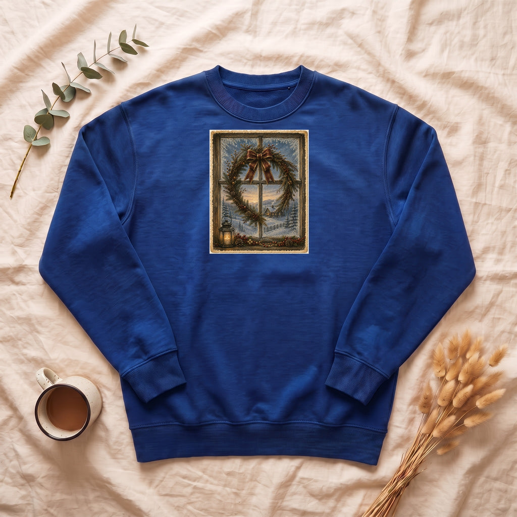 Winter Wreath Window Crewneck Sweatshirt | Vintage Christmas Scene