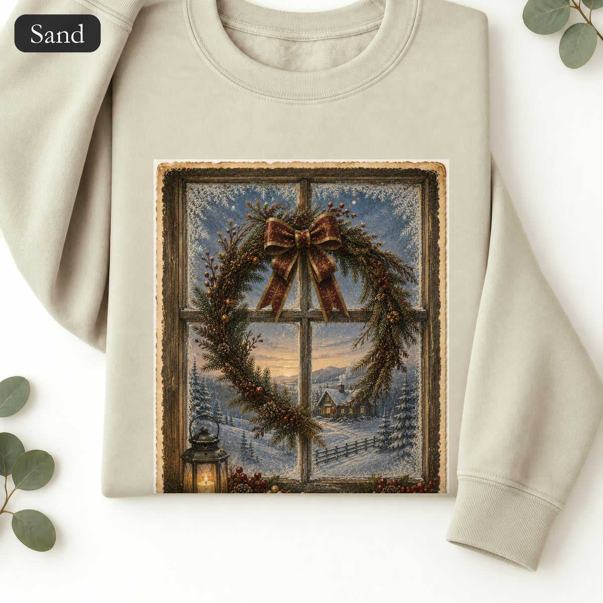 Winter Wreath Window Crewneck Sweatshirt | Vintage Christmas Scene
