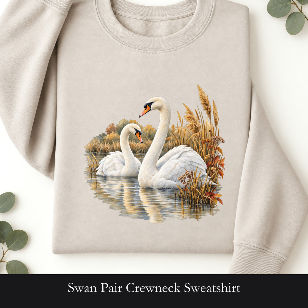 Swan Pair Crewneck Sweatshirt | White Swans Pond Illustration