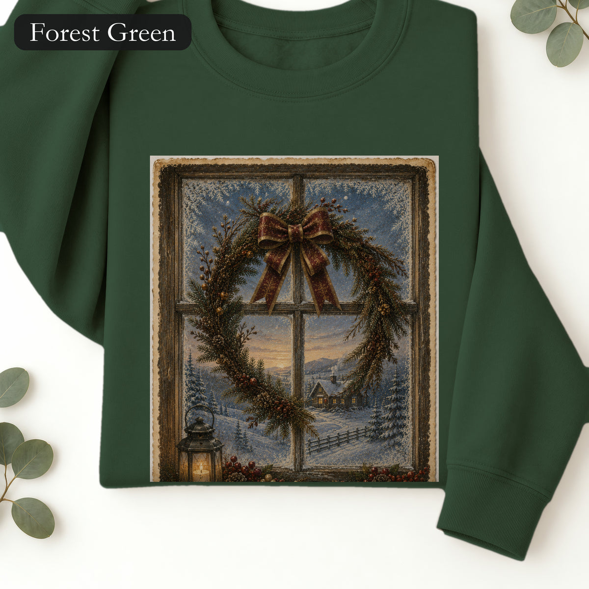 Winter Wreath Window Crewneck Sweatshirt | Vintage Christmas Scene
