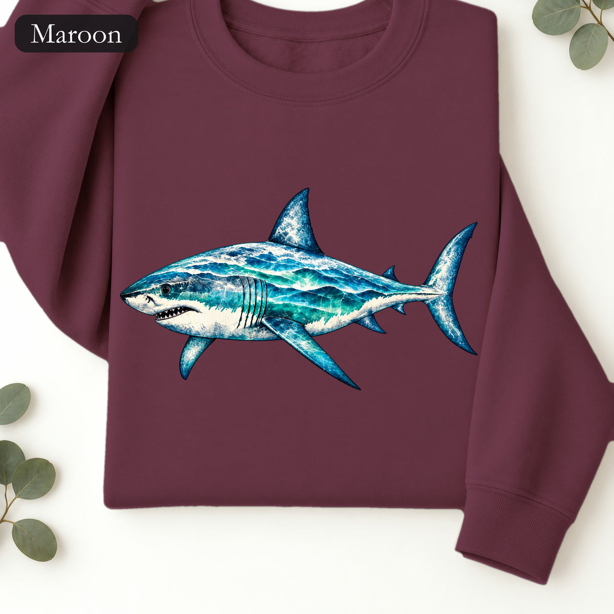 Blue Watercolor Shark Crewneck Sweatshirt | Ocean Fish Illustration