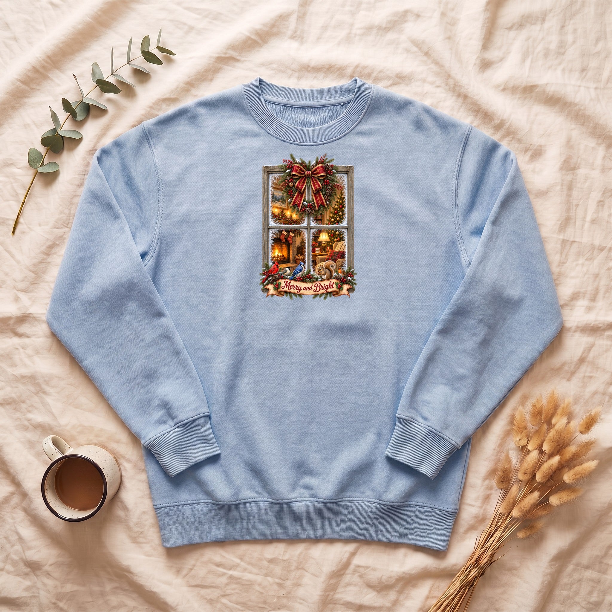 Merry and Bright Window Scene Sweatshirt | Christmas Bow, Wreath, Candlelights