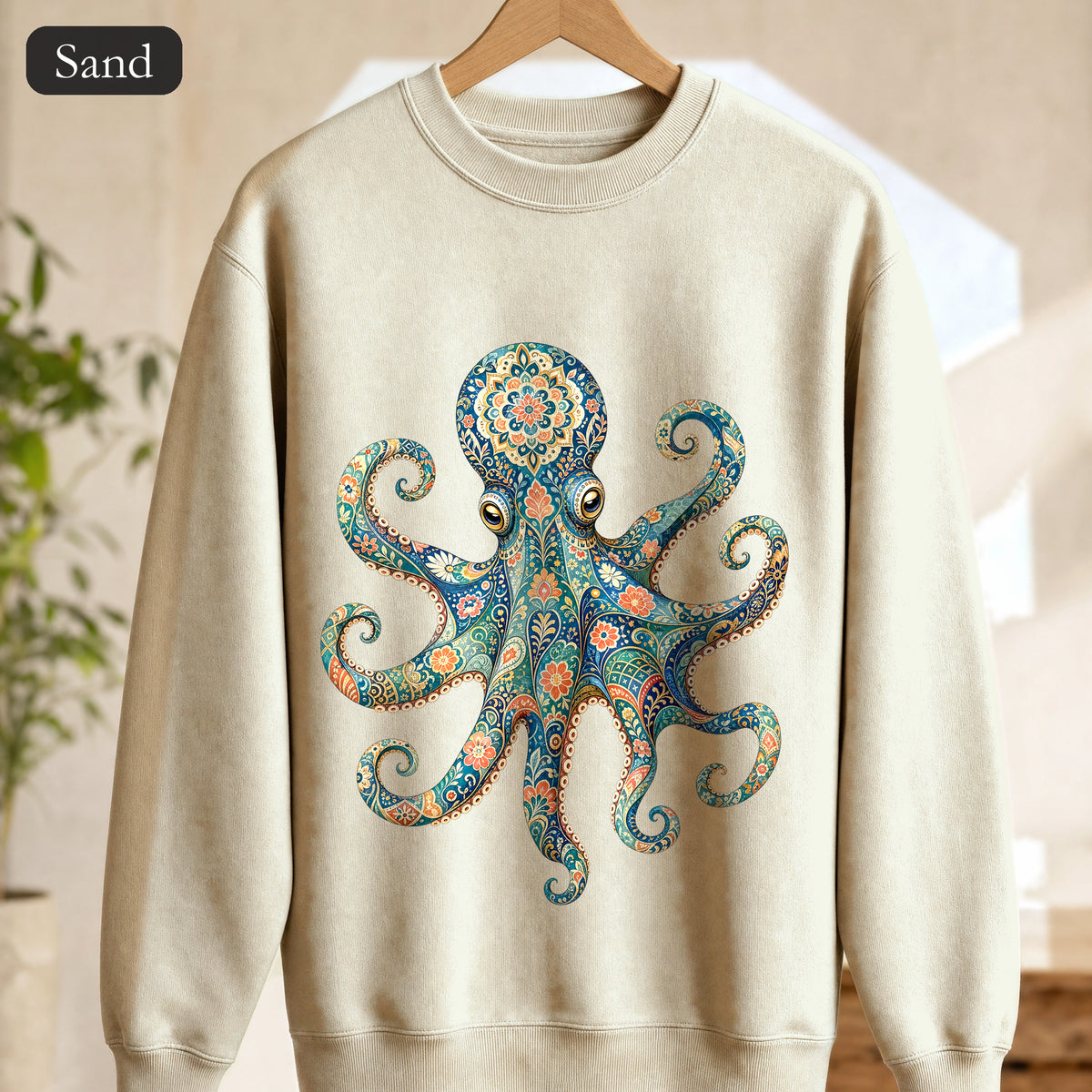Boho Octopus Shirt, Folk Art Octopus Tee, Japanese Pattern Ocean Lover Gift, Vintage Floral Octopus Sweatshirt