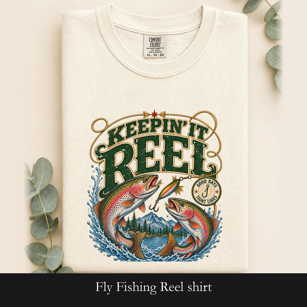 Fly Fishing Reel shirt | Trout Graphic | River Scene, Fly Fishing