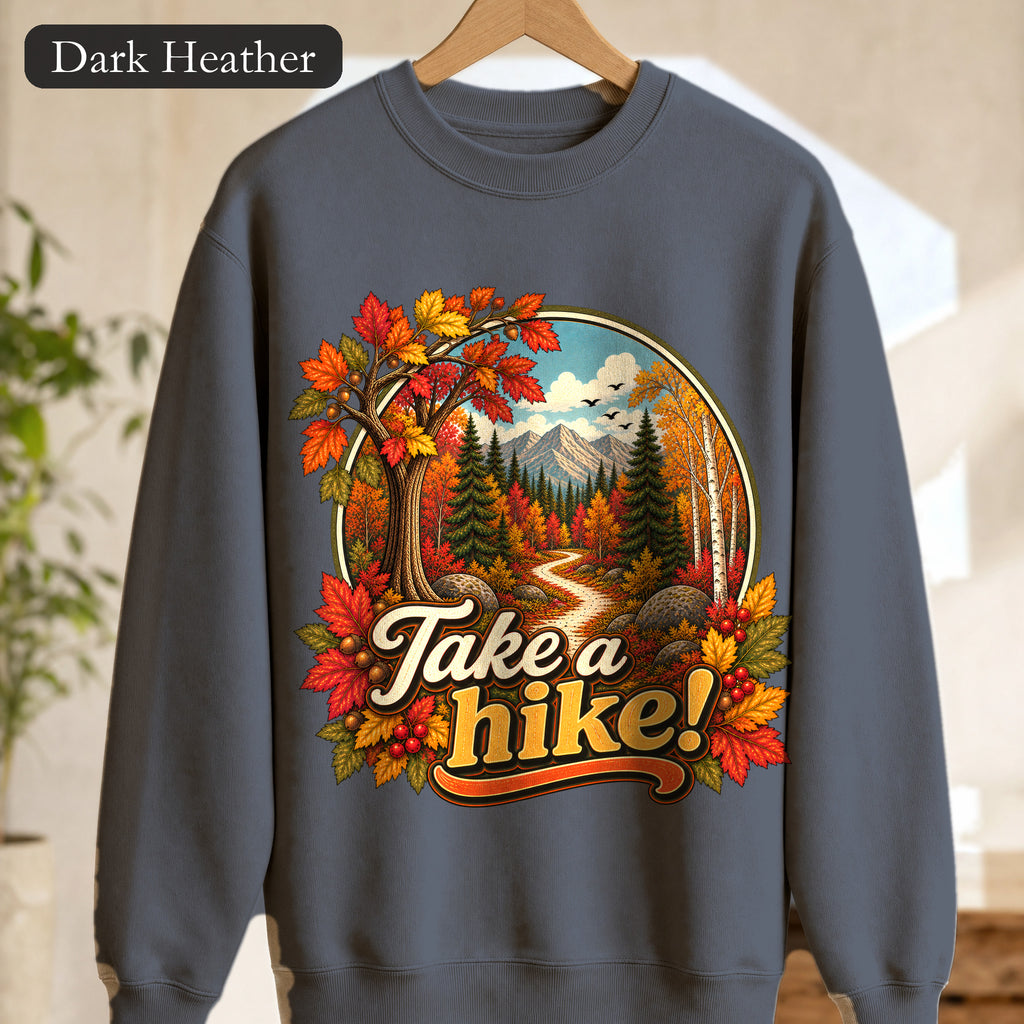 Take a Hike! retro mountain scene Crewneck Sweatshirt | autumn hiking design