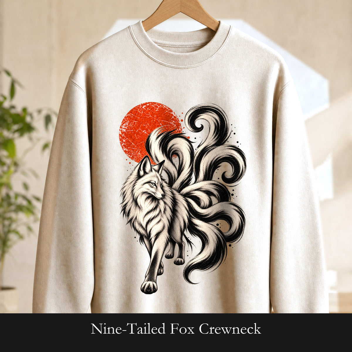 Nine-Tailed Fox Crewneck | Kitsune Fox Illustration, Red Sun, Minimalist design, Woodblock Print Design