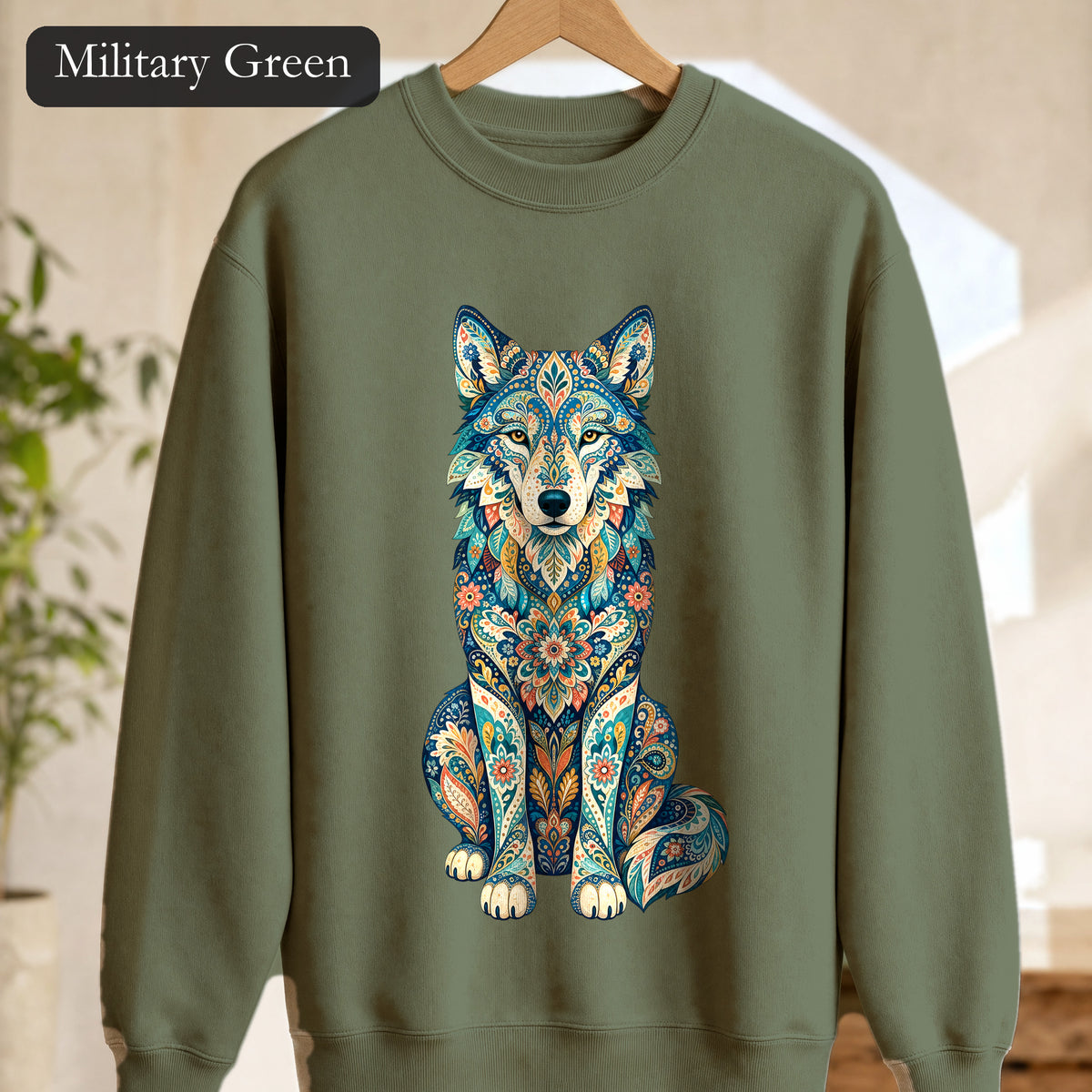 Boho Wolf Shirt, Folk Art Wolf Tee, Japanese Pattern Wolf Lover Gift, Vintage Floral Wolf Sweatshirt