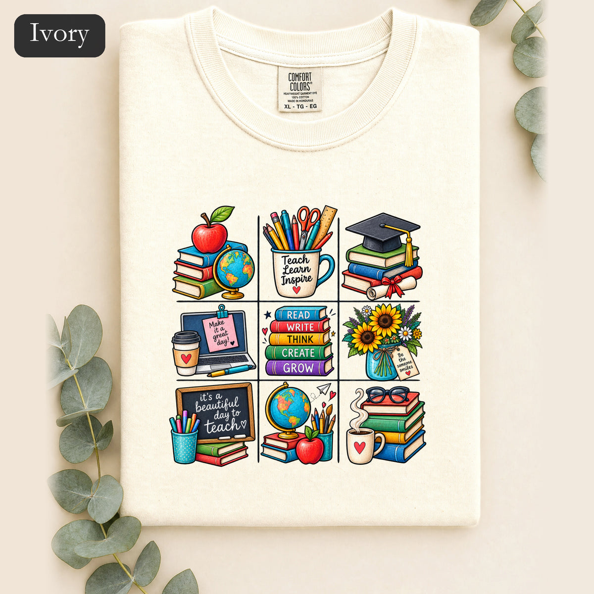 Teacher Classroom Icons Shirt | Books, Globe, Apple, Chalkboard