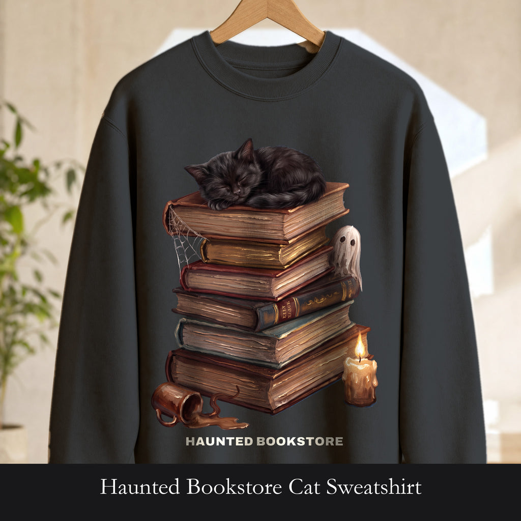 Haunted Bookstore Cat Sweatshirt, Bookish Halloween Crewneck, Dark Academia Ghost Sweatshirt, Book Lover Spooky Season Gift