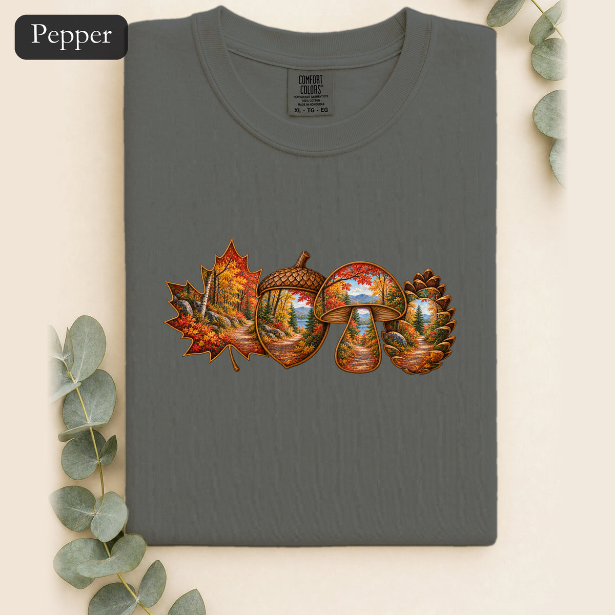 Autumn Lake Scene on Maple Leaves Shirt | Fall Landscape Tee