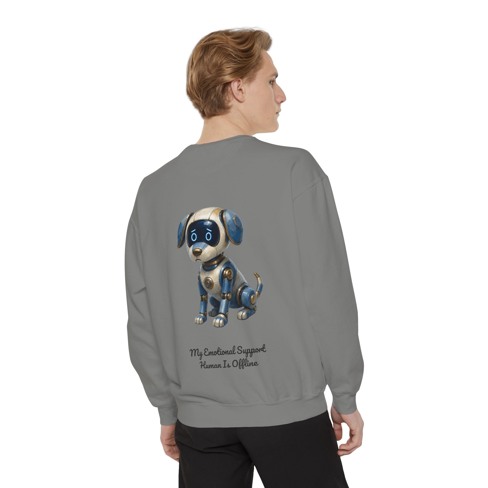Robot Dog Emotional Support Human Offline Shirt, Funny AI Dog Tee, Tech Programmer Gift, Sci-Fi Humor Sweatshirt