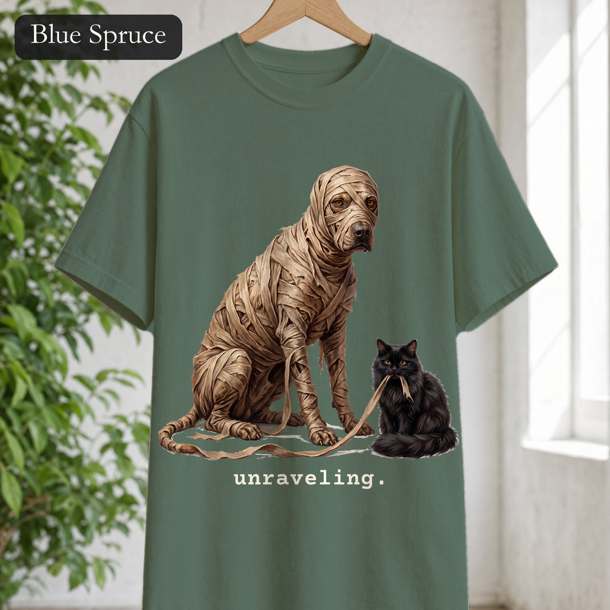 Unraveling Mummy & Cat Shirt, Funny Halloween Mummy Tee, Cozy Deadpan Spooky Tee, Black Cat Lover Gift