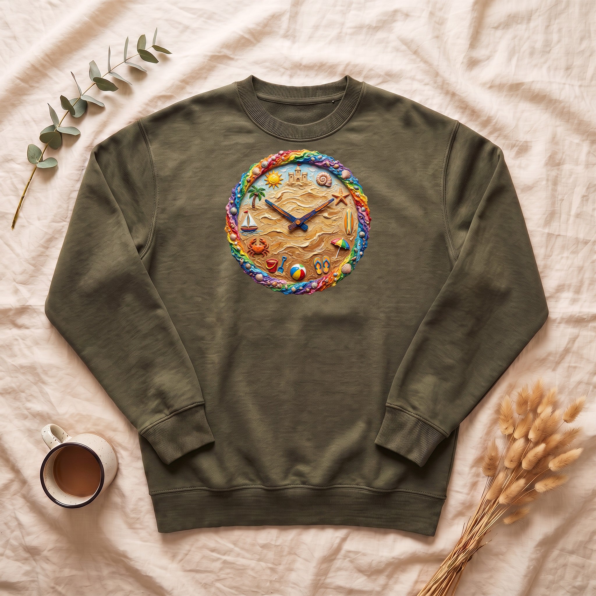 Beach Clock Shirt, Dreamy Coastal Art Tee, Surreal Beach Lover Gift, Summer Ocean Sweatshirt