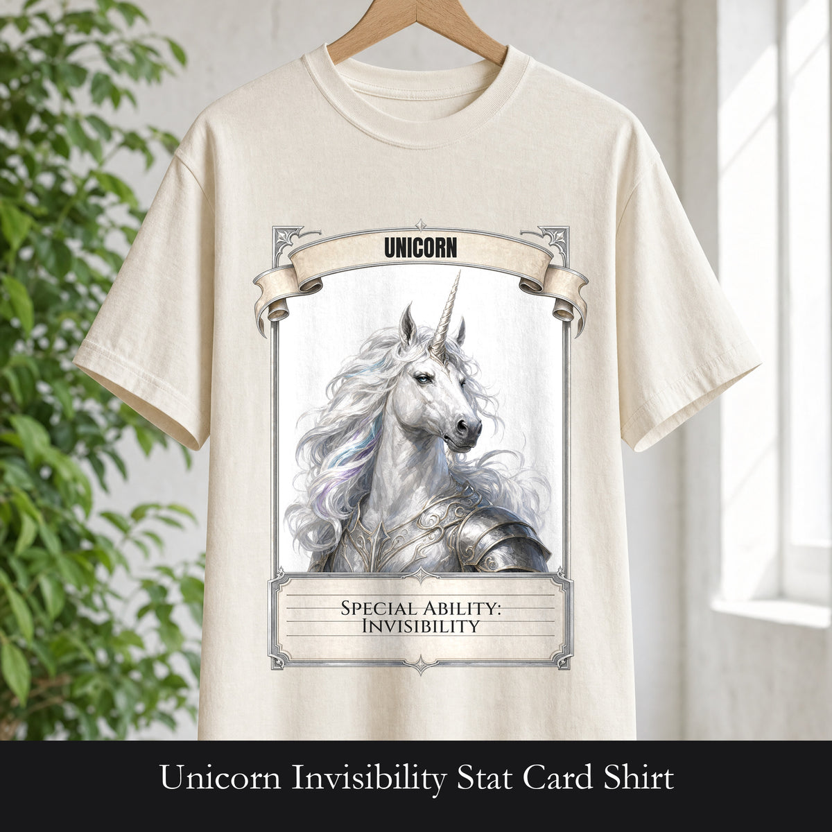 Unicorn Invisibility Stat Card Shirt, Funny RPG Gamer Tee, Tabletop D20 Fantasy Gift, Dungeon Dice Sweatshirt