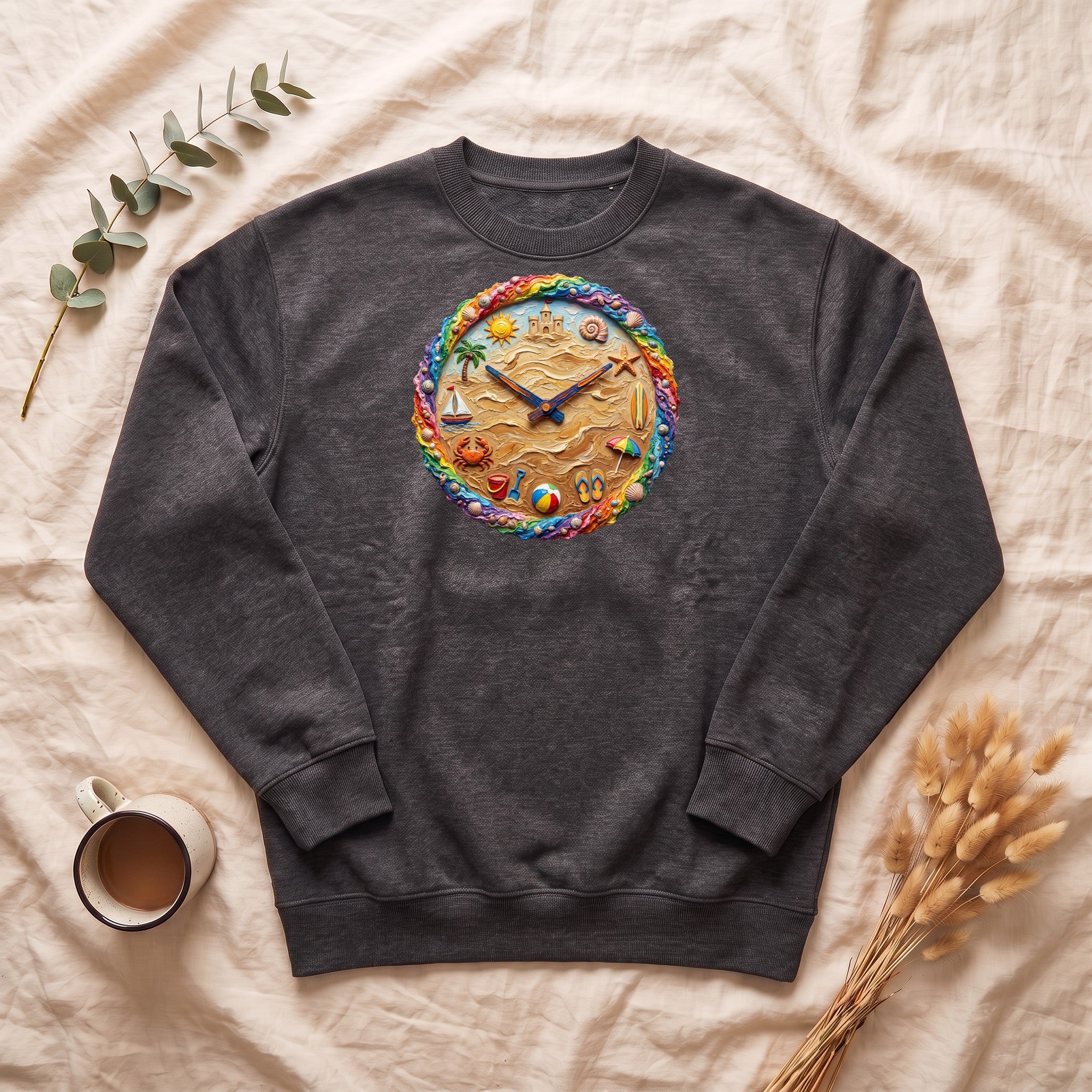 Beach Clock Shirt, Dreamy Coastal Art Tee, Surreal Beach Lover Gift, Summer Ocean Sweatshirt
