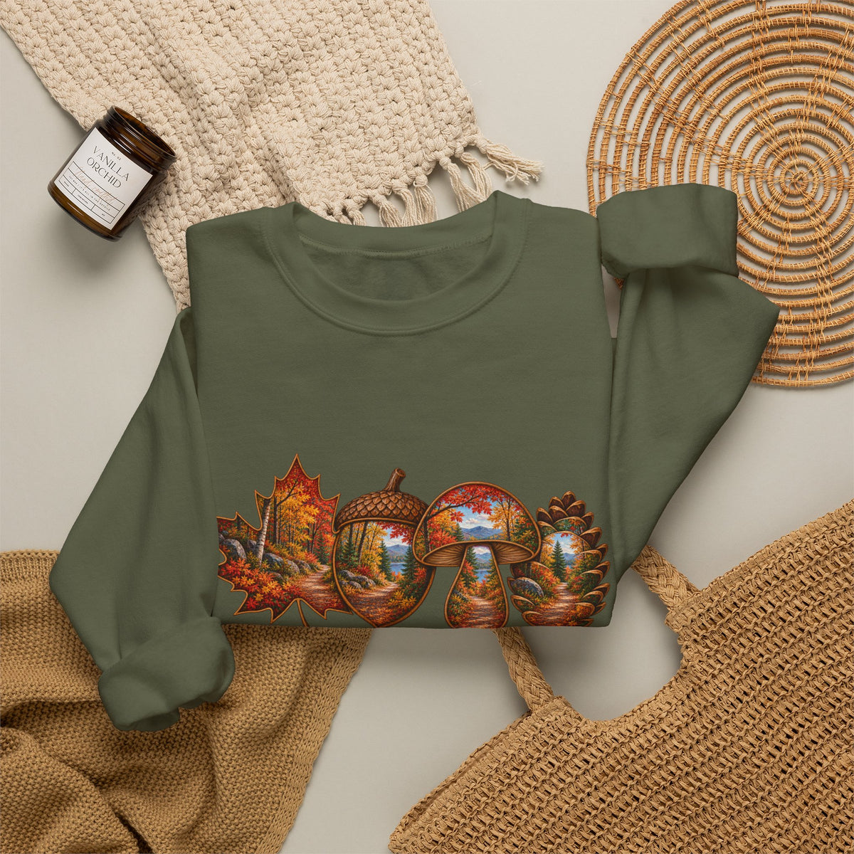 Autumn Lake Scene on Maple Leaves Sweatshirt | Fall Landscape Crewneck