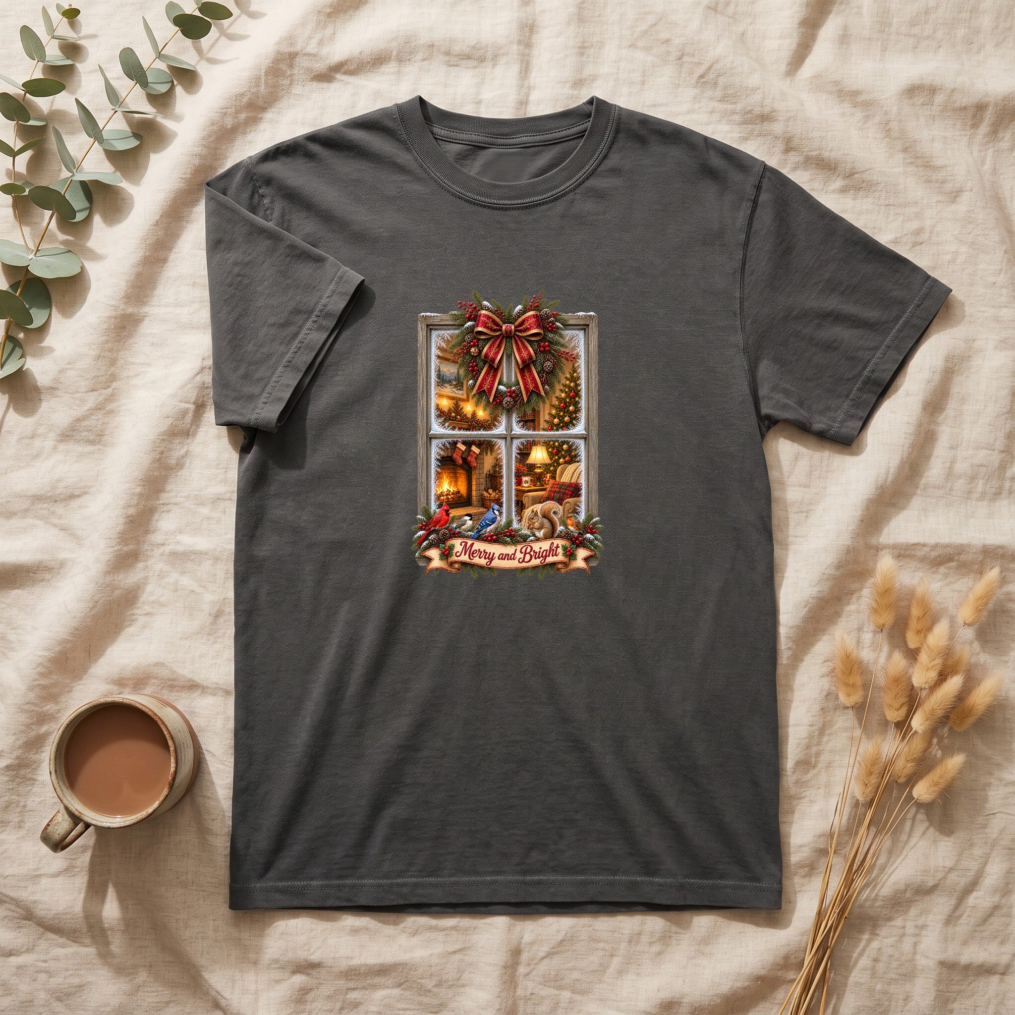 Merry and Bright Window Scene Shirt | Christmas Bow, Wreath, Candlelights