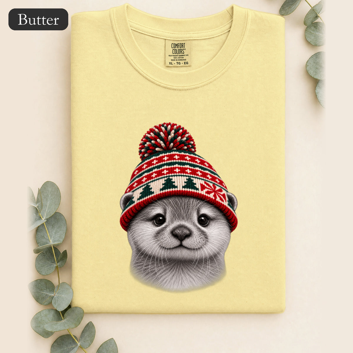 Otter Wearing Knit Christmas Winter Hat Shirt | Cute Holiday Animal Tee