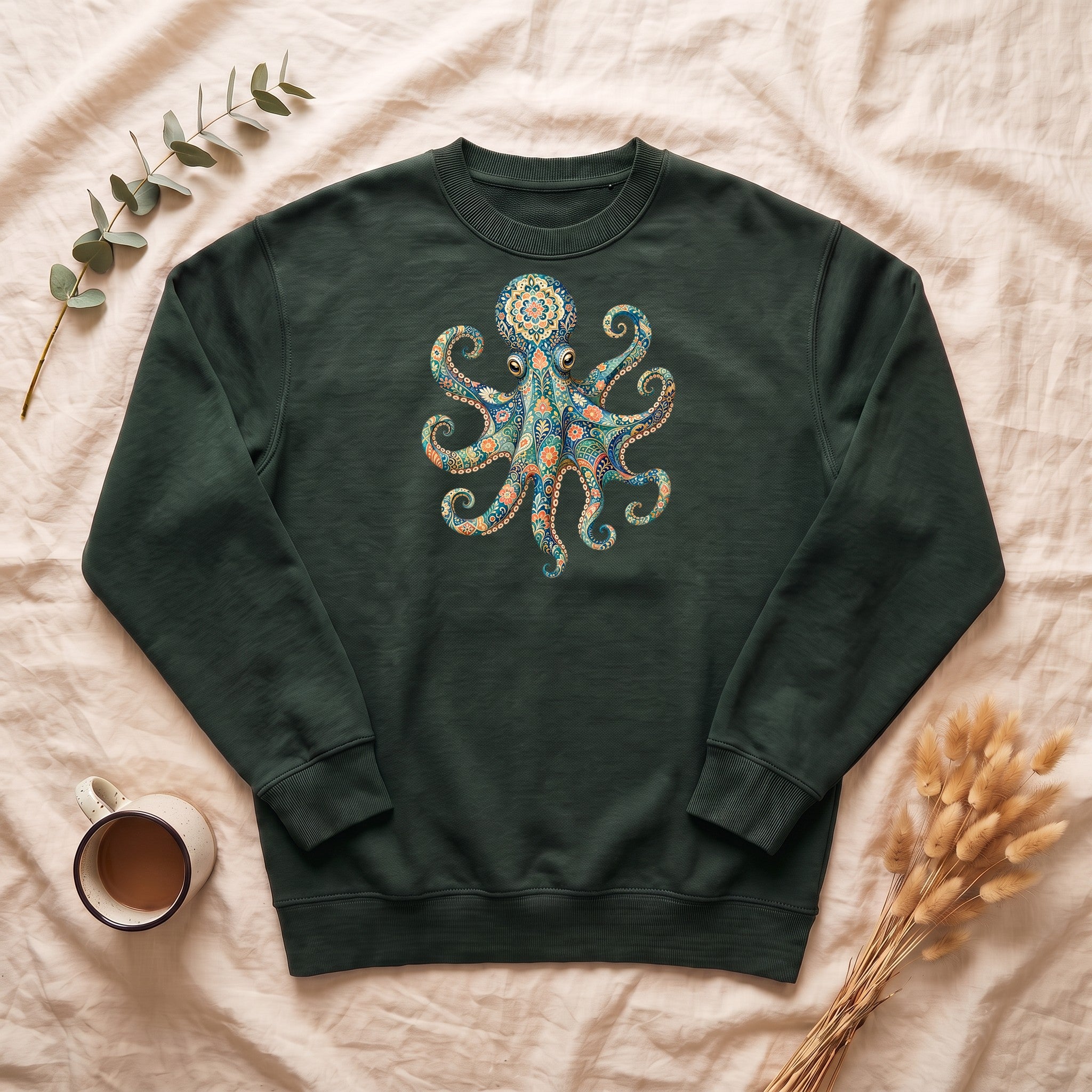 Boho Octopus Shirt, Folk Art Octopus Tee, Japanese Pattern Ocean Lover Gift, Vintage Floral Octopus Sweatshirt