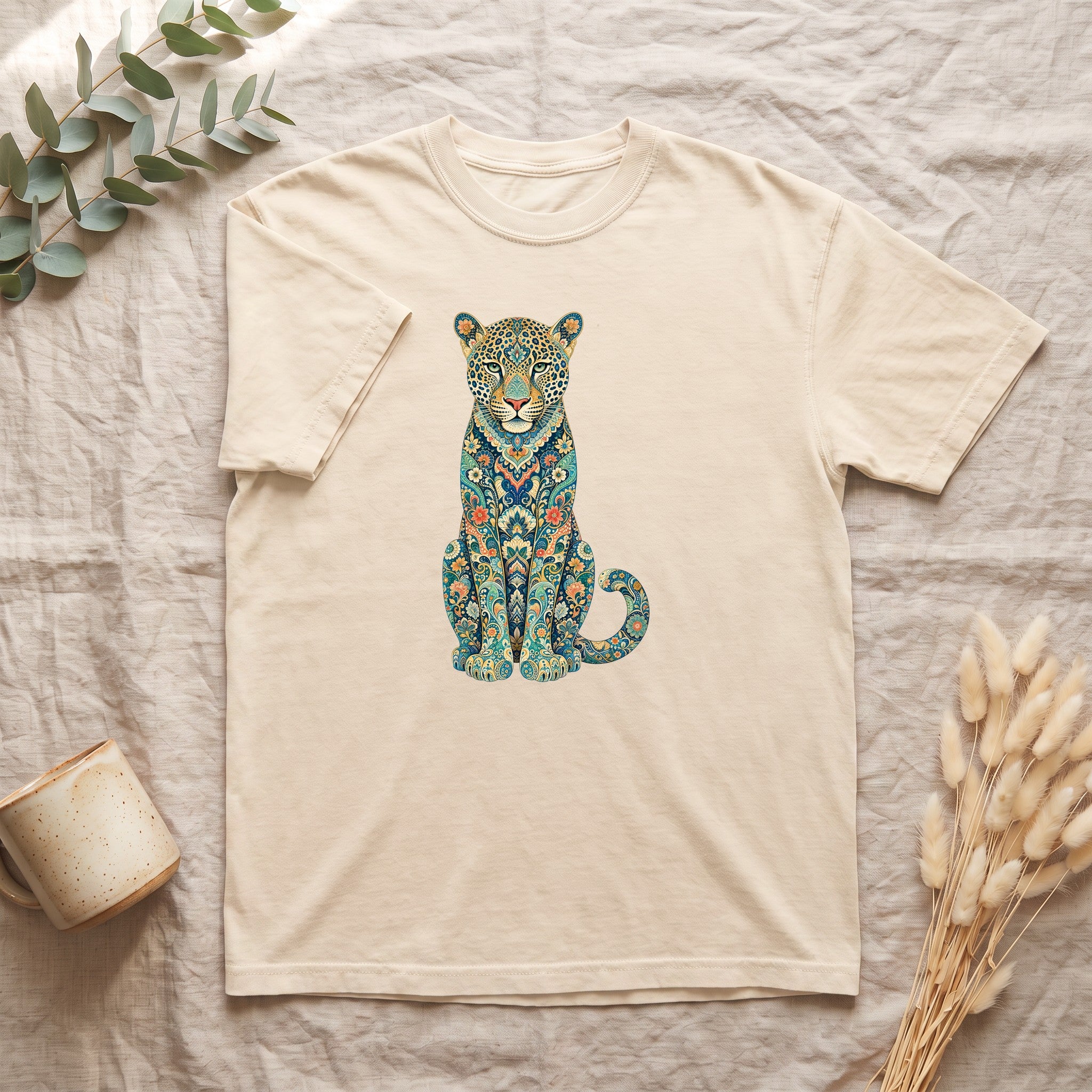 Boho Leopard Shirt, Folk Art Leopard Tee, Japanese Pattern Big Cat Lover Gift, Vintage Floral Leopard Sweatshirt