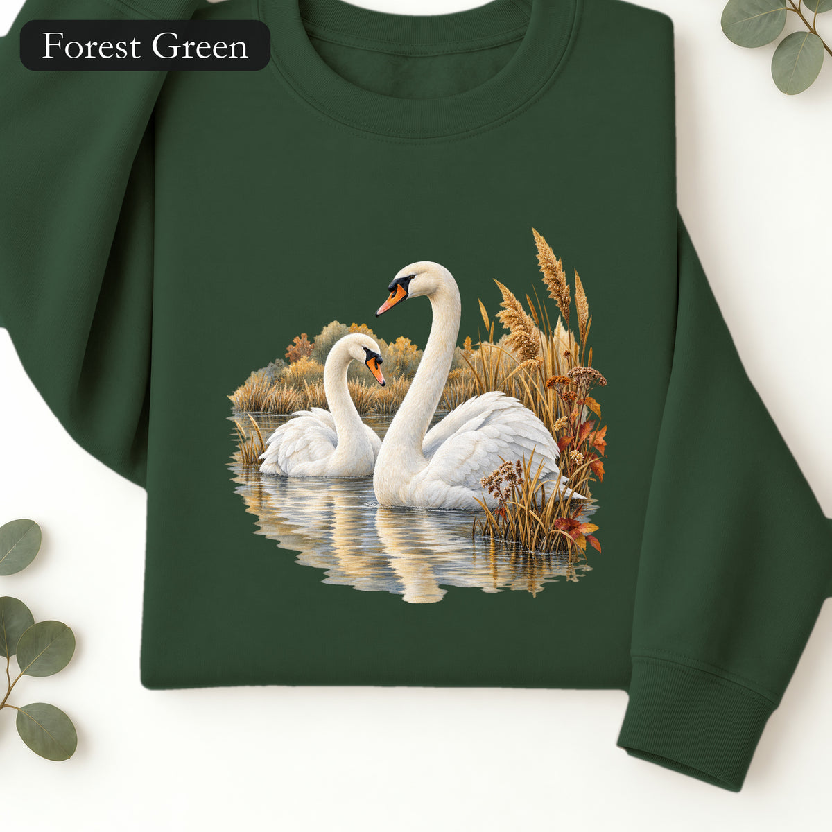 Swan Pair Crewneck Sweatshirt | White Swans Pond Illustration