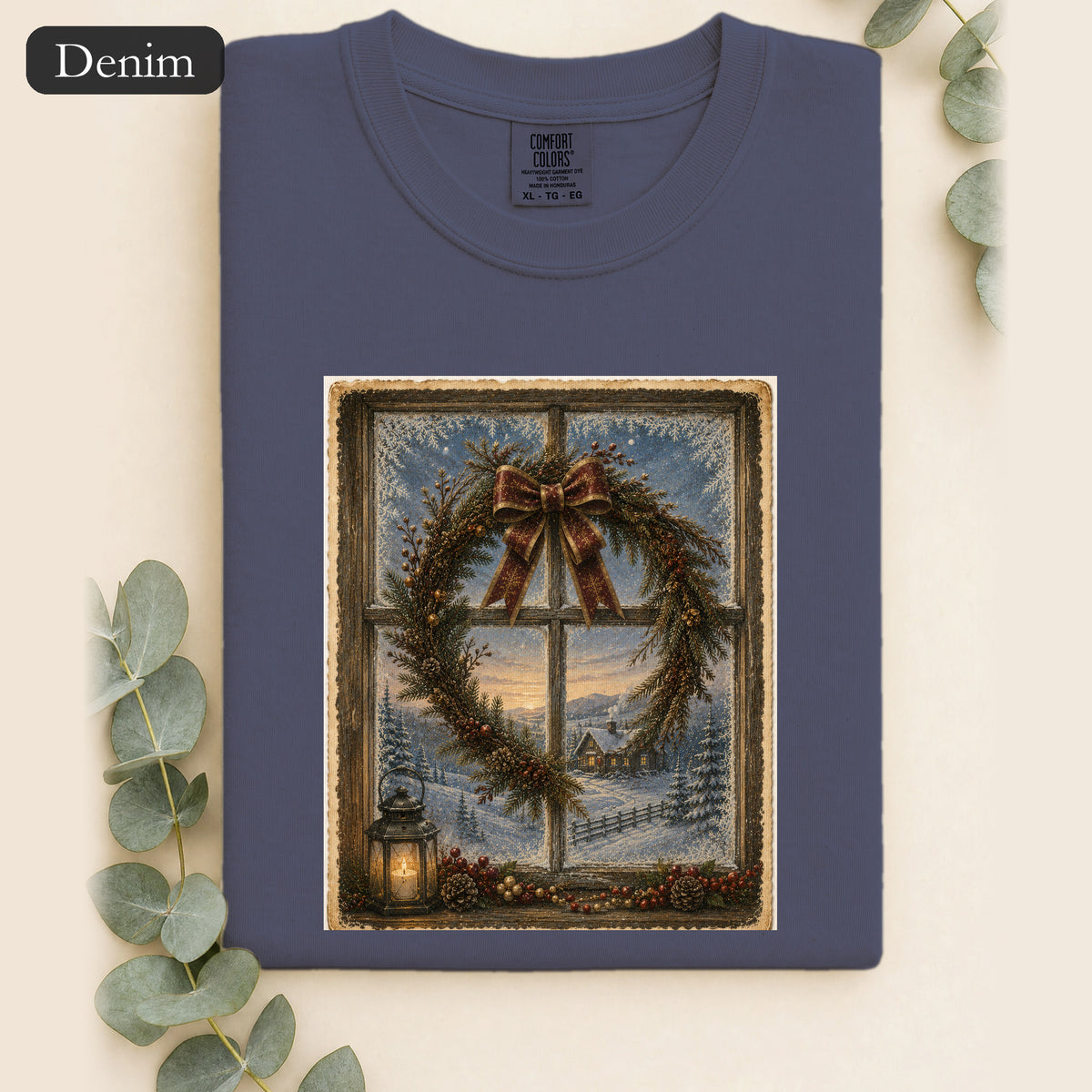 Winter Wreath Window Scene Shirt | Vintage Holiday Postcard