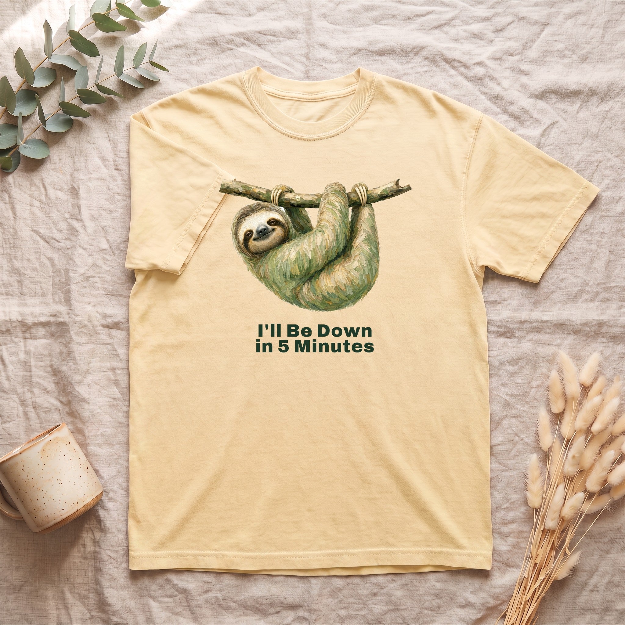 Sloth Shirt, I'll Be Down in 5 Minutes Tee, Funny Lazy Sloth Gift, Painterly Introvert Sweatshirt