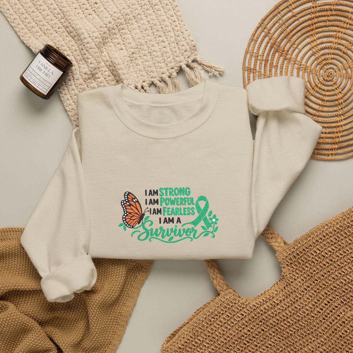 Embroidered Cancer Survivor Ribbon & Butterfly Crewneck Sweatshirt | Survivor Awareness