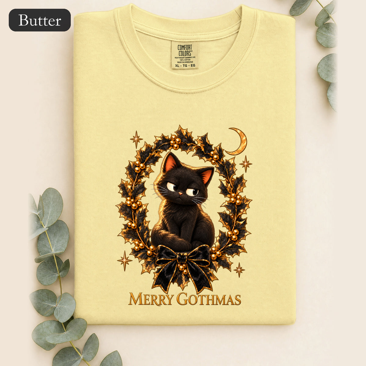 Merry Gothmas Black Cat Shirt | Gothic Christmas Holly Wreath and Crescent Moon Tee, Spooky Cat Lover Holiday Gift