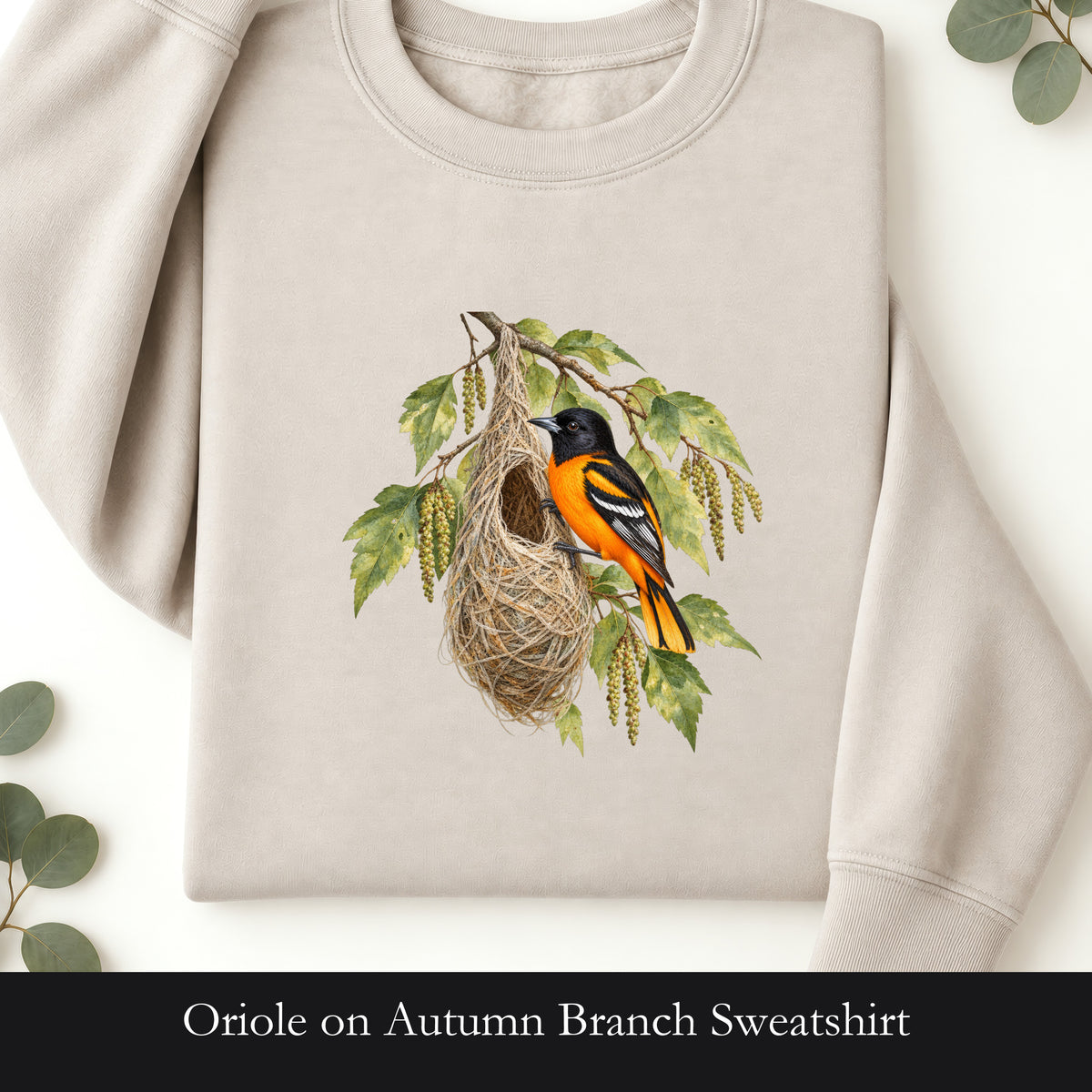 Oriole on Autumn Branch Sweatshirt | Fall Bird Illustration