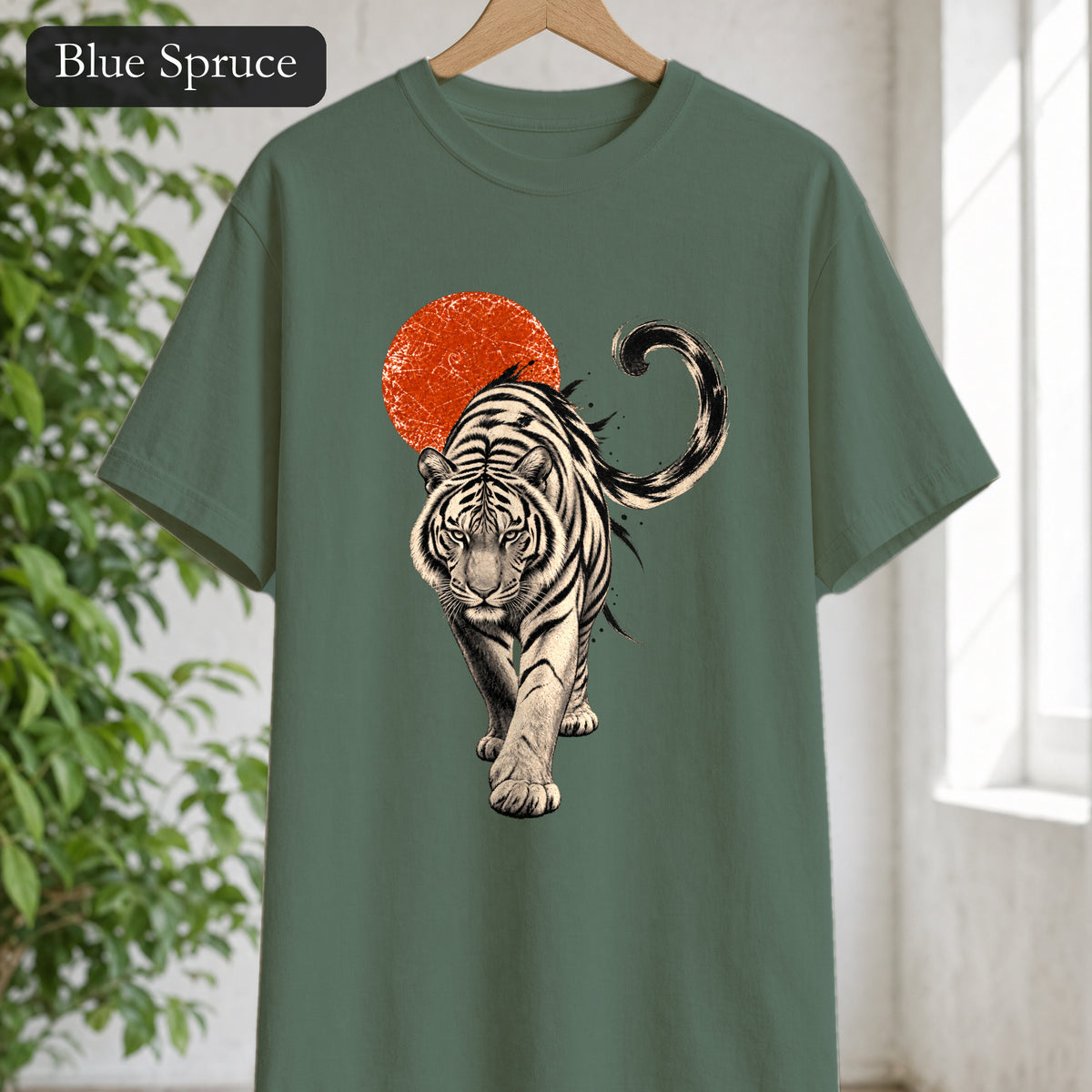 White Tiger with Red Sun Shirt, Japanese Woodblock Tiger Tee, Red Sun Graphic Gift, Asian Art T-Shirt