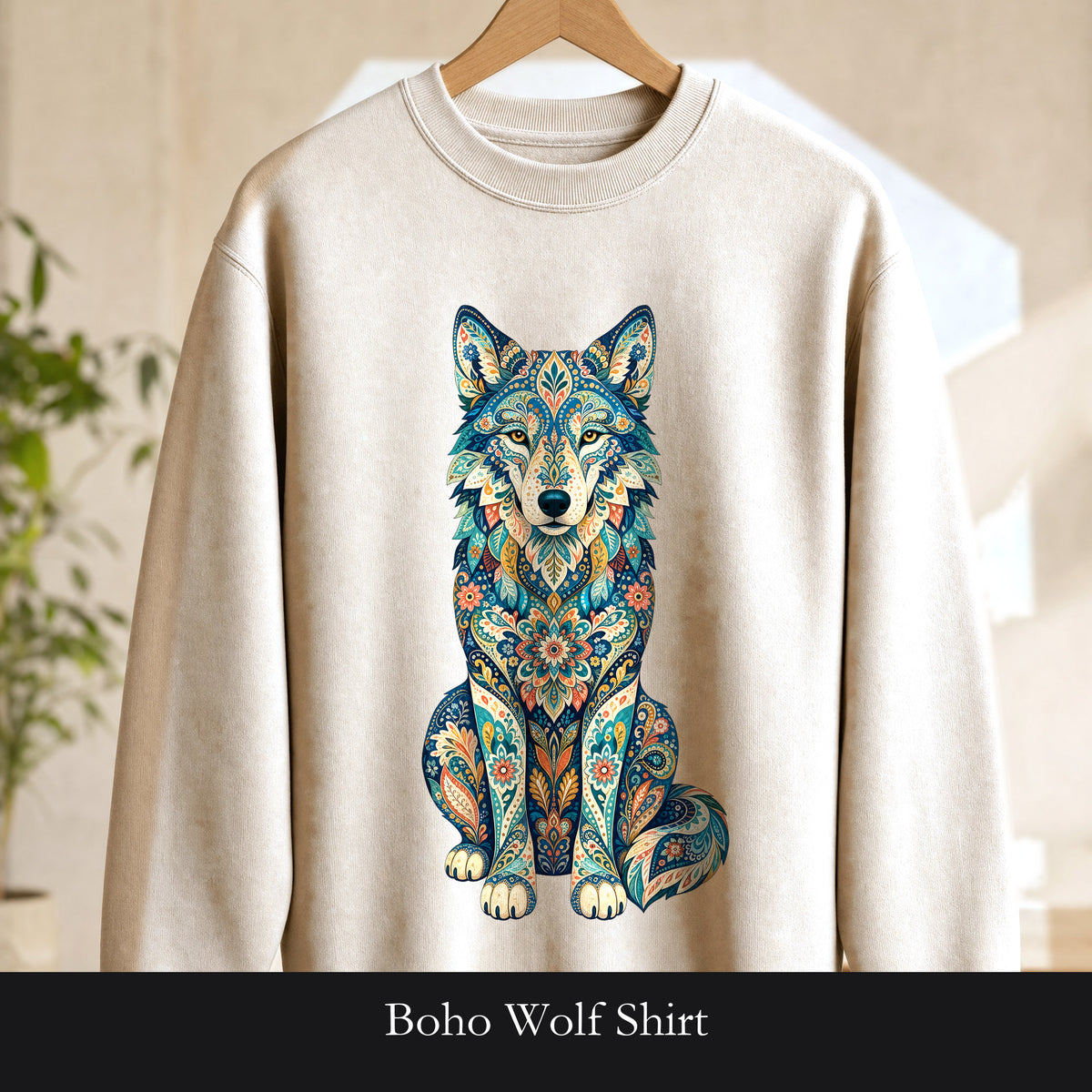 Boho Wolf Shirt, Folk Art Wolf Tee, Japanese Pattern Wolf Lover Gift, Vintage Floral Wolf Sweatshirt